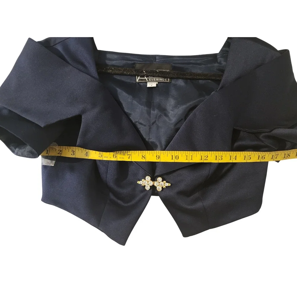 Alex Evenings Navy Blue Satin Gown Bolero Jacket Set Rhinestone Brooch Size 4